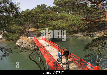 Japan Nothern Honshu Miyagi ken Matsushima bay Oshima island view from the island with traditional red bridge sea and pine trees Stock Photo