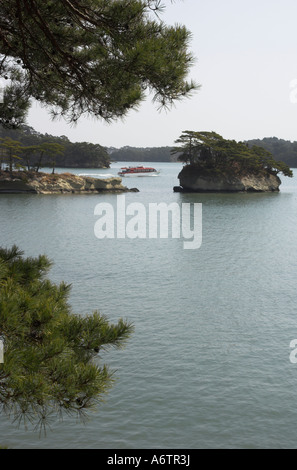 Japan Nothern Honshu Miyagi ken Matsushima bay Oshima island view of sea and small islands seen through pine trees with tourist Stock Photo