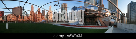 Panorama with Jay Pritzker Pavilion, Cloud Gate and the skyline of the city, Chicago Skyline, Chicago, Illinois, USA Stock Photo