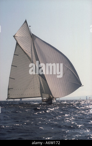 Classic Gaff racing yacht Avel during the Conde de Barcelona regatta Mallorca Spain 1993 Stock Photo