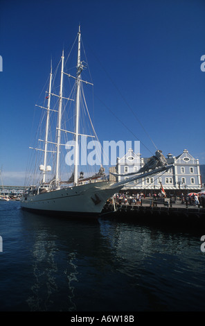 The three masted staysail Schooner Aquarius W moored in Capetowns waterfront development South Africa Stock Photo