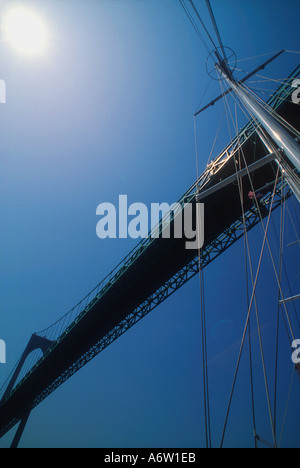 Three masted staysail Schooner Aquarius W passes under Newport bridge Newport Rhode Island USA Stock Photo