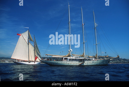 Three masted staysail Schooner Aquarius W and Gaff schooner Altair off the French Mediteranean coast near Nice Stock Photo