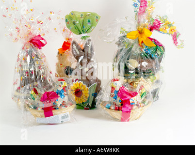 Chocolate Easter Eggs With Chocolate Hens In Baskets Wrapped In Plastic Stock Photo