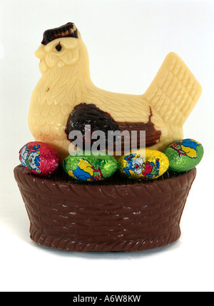 Easter Eggs & Chocolate Hen In Basket Stock Photo
