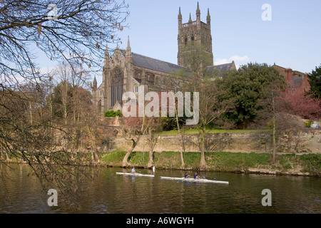 Rowing practice, By the, Cathedral, On the, River Severn, Worcester, Worcestershire, England, UK, Europe Stock Photo