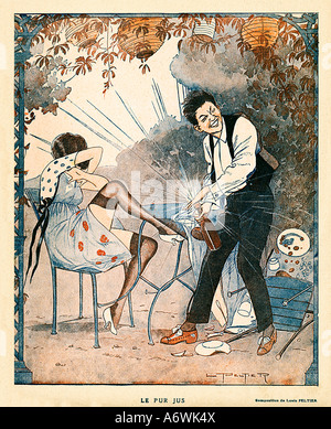 Le Pur Jus 1918 French magazine illustration much to her surprise he pops his cork a little suddenly Stock Photo