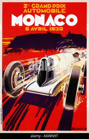 Monaco Grand Prix 1930, Poster for the 2nd race in Monte Carlo shows a silver Mercedes-Benz SSK racing towards the viewer Stock Photo