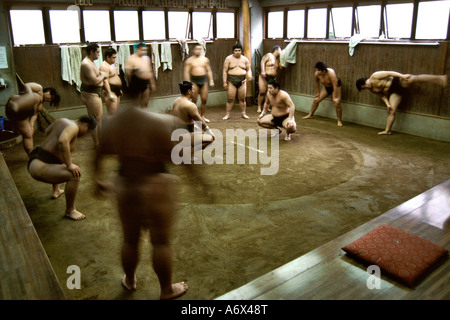 Sumo wrestlers training in a dojo in Tokyo Japan. Stock Photo