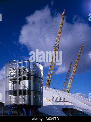 Millennium Dome, Greenwich, London, 2000. Exterior with service tower and the stainless steel kitchen extractor vents. Stock Photo