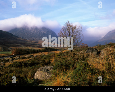 OGWEN VALLEY CONWY NORTH WALES UK October Looking down the valley towards the low cloud on Tryfan and Pen Yr Ole Wen Eryri Snowdonia National Park Stock Photo