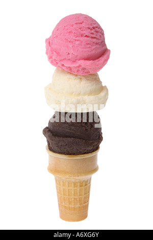 Ice cream cone with three scoops of ice cream cut out on white background Stock Photo