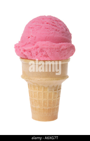 Strawberry ice cream cone cut out on white background Stock Photo