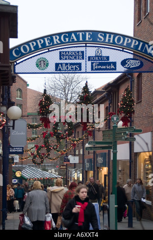 Entrance to Coppergate Shopping precinct in York North Yorkshire at Christmas Stock Photo