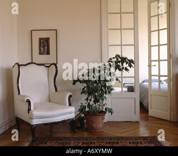 White upholstered armchair and large green houseplant in front of double half-glazed doors Stock Photo