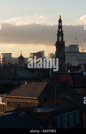 Spire of Holy Trinity Church Boar Lane against city skyline from 'New York Street' Leeds Stock Photo