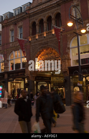 Evening view of entrance to Thorntons Arcade Briggate Leeds around Christmas Stock Photo