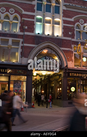 Evening view of entrance to Thorntons Arcade Briggate Leeds around Christmas Stock Photo