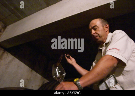 Sylvain Fadat Domaine d'Aupilhac. Montpeyroux. Languedoc. Pouring a wine sample in a glass. Owner winemaker. France. Europe. Stock Photo