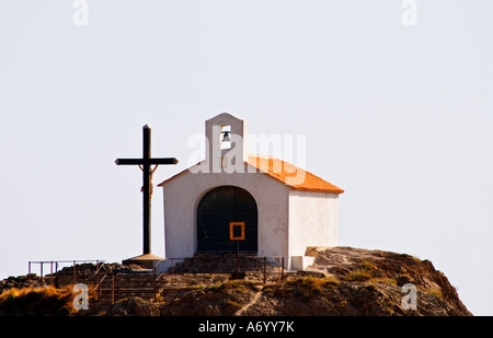 Collioure. Roussillon. The chapel on the hill on the beach and the crucifix. France. Europe. Stock Photo