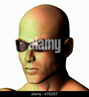 futuristic 3D computer generated bionic male robot head wearing sun glasses Stock Photo