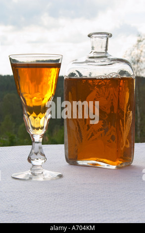 Swedish traditional aquavit schnapps glass in pointed form filled to the brim with spiced vodka, brannvin. A glass flask plunta Stock Photo