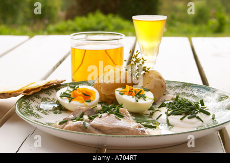 Traditional Swedish summer lunch with marinated herring sill, boiled new potatoes, egg, sour cream, chive, knackebrod dry hard bread with butter and cheese, glass of beer and ice cold aquavit. Sweden, Europe. Stock Photo