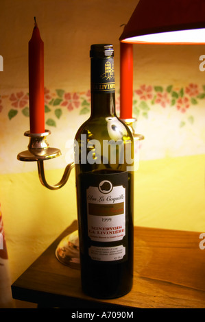 Clos La Coquille, Domaine Chabbert Fauzan, Minervois la Liviniere 1999 Minervois. At the hotel Chateau de Siran in Siran village. Languedoc. France. Europe. Bottle. In the restaurant in the chateau dining room. Stock Photo