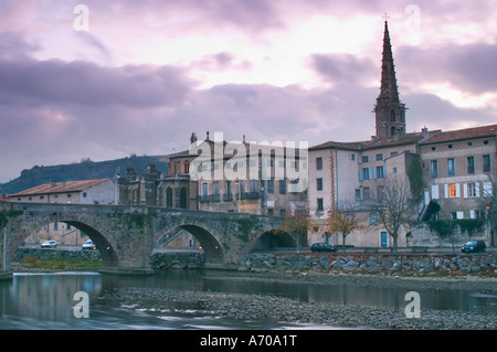 The gothic St Martin Church and the bridge across the l'Aude river. Town of Limoux. Limoux. Languedoc. Aude river. France. Europe. Stock Photo