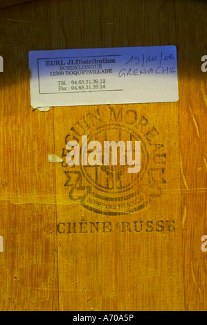 Grenache, Chene Russe, Russian oak barrel from Seguin Moreau. Domaine Jean Louis Denois. Limoux. Languedoc. Barrel cellar. France. Europe. Stock Photo