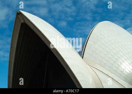 Sydney Opera House taken from a close up abstract angle with a blue sky above showing detail of roof material Stock Photo