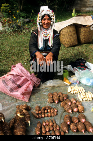 Market Bridge Akha women Thailand smile smiling Stock Photo