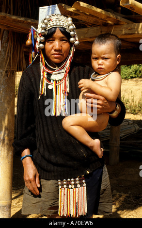 Baby Akha woman Thailand pipe Stock Photo