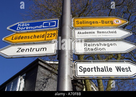 Road signs showing different directions in Remscheid near Dusseldorf Germany Stock Photo