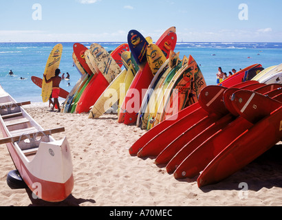 Surfboards stacked on Waikiki Beach in Honolulu on Oahu Island