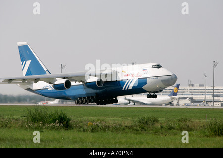 Munich, GER, August 30th 2005 - An Antonov 124 lift off on Airport Munich. The AN 124 is the second largest air freighter in the Stock Photo