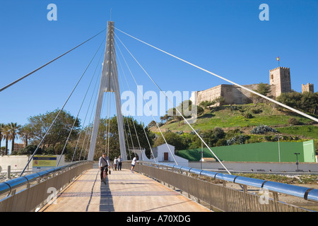 Fuengirola Malaga Province Costa del Sol Spain Sohail castle and pedestrian bridge across Fuengirola River Stock Photo