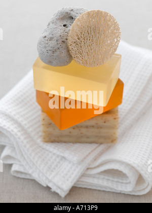 Natural bathing - soaps pumice exfoliation pad and towel - high end Hasselblad 61mb digital image Stock Photo