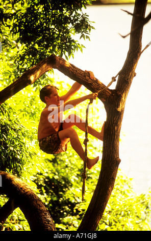 A twelve year old boy hangs from a limb in a tree and a rope swing Stock Photo