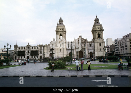 geography / travel, Peru, Lima, churches, cathedral, built 1755, overview, main portal, main entrance,  Armas square, cathedral church, Latin America, South America, America, town, Piruw, Pacific coast, coastline, seaport, capital, Callao, Chalacos, town of the kings, Ciudad de los Reyes, UNESCO, World Heritage Site, church, , Stock Photo