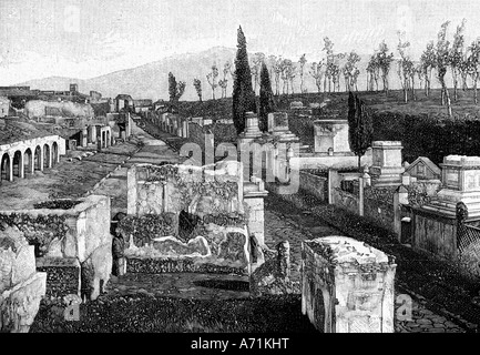 geography / travel, Italy, Pompeii, archaeology, grave street in front of Herculanean gate, engraving after photography, 19th century, historic, historical, Europe, Death Culture, graves, graveyard, cemetray, excavation, UNESCO, World Heritage Site, Pompeji, Pompej, Stock Photo
