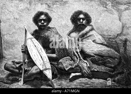 geography / travel, Australia, people, native aborigines, two men, full length, sitting, from Victoria and Tasmania, engraving, 1861, Stock Photo