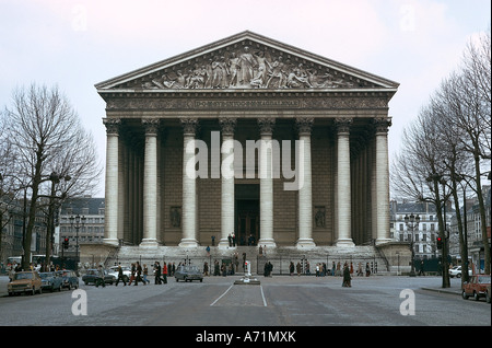 geography / travel, France, Paris, Madeleine (Eglise de Sainte Marie Madeleine), built 1757 - 1842 AD, exterior view, laying of foundation stone 1763 AD by king Ludwig XV., built in antique style by emperor Napoleon I. as temple of glory of the French army from 1806 AD, architects: Guillaume-Martin d' Ivry, Pierre Contant d' Ivry, Jacques-Marie Huve and Pierre Vignon, architecture, classicism, Corinthian columns, church, dull weather, autumn, winter, bald trees, historical, historic, ancient, column, Guillaume Martin, Jacques Marie, , Stock Photo