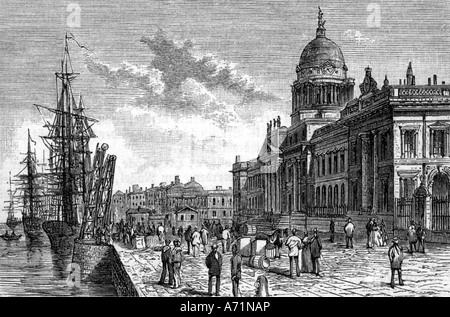 geography / travel, Ireland, Dublin, buildings, custom office, engraving, 19th century, historic, historical, Europe, pedestrians, ship, ships, navigation, sailor ship, custom house, building architecture, cupola, people, Stock Photo