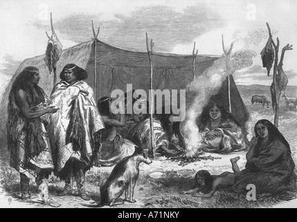 geography / travel, Argentina, people, native camp in Patagonia, engraving, 19th century, historic, historical, South America, Indians, wigwam, tepee, campfire, Stock Photo