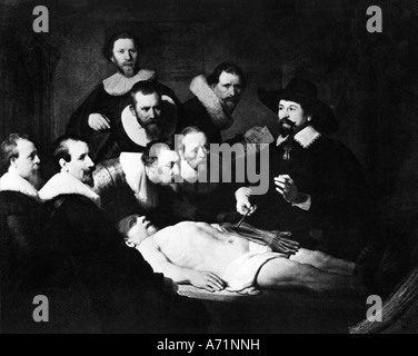 medicine, anatomy, after painting, by Rembrandt, (1606-1669), 'The Anatomy Lesson of Dr.Nicolaes Tulp', oil on canvas, 217x163cm, Maritshuis, Den Haag, 1632, Stock Photo