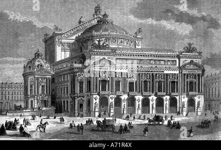 geography / travel, France, Paris, buildings, Opera National de Paris, 'Palais Garnier', built 1862 - 1875, by Charles Jean Louis Garnier (1825 - 1898), exterior view, engraving, by Felix Thorigny (1824 - 1870), 19th century, Stock Photo