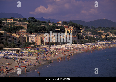 Europe, Italy, Liguria, Celle Ligure, Riviera di Ponente, Main town beach view Stock Photo