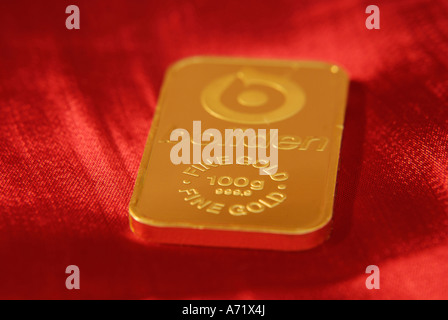 Close up of a 100 grams heavy solid gold bar from Swedish mining company Boliden Stock Photo