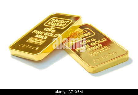 Close up of two 100 grams heavy solid gold bars from Swiss company Credit Suisse Stock Photo